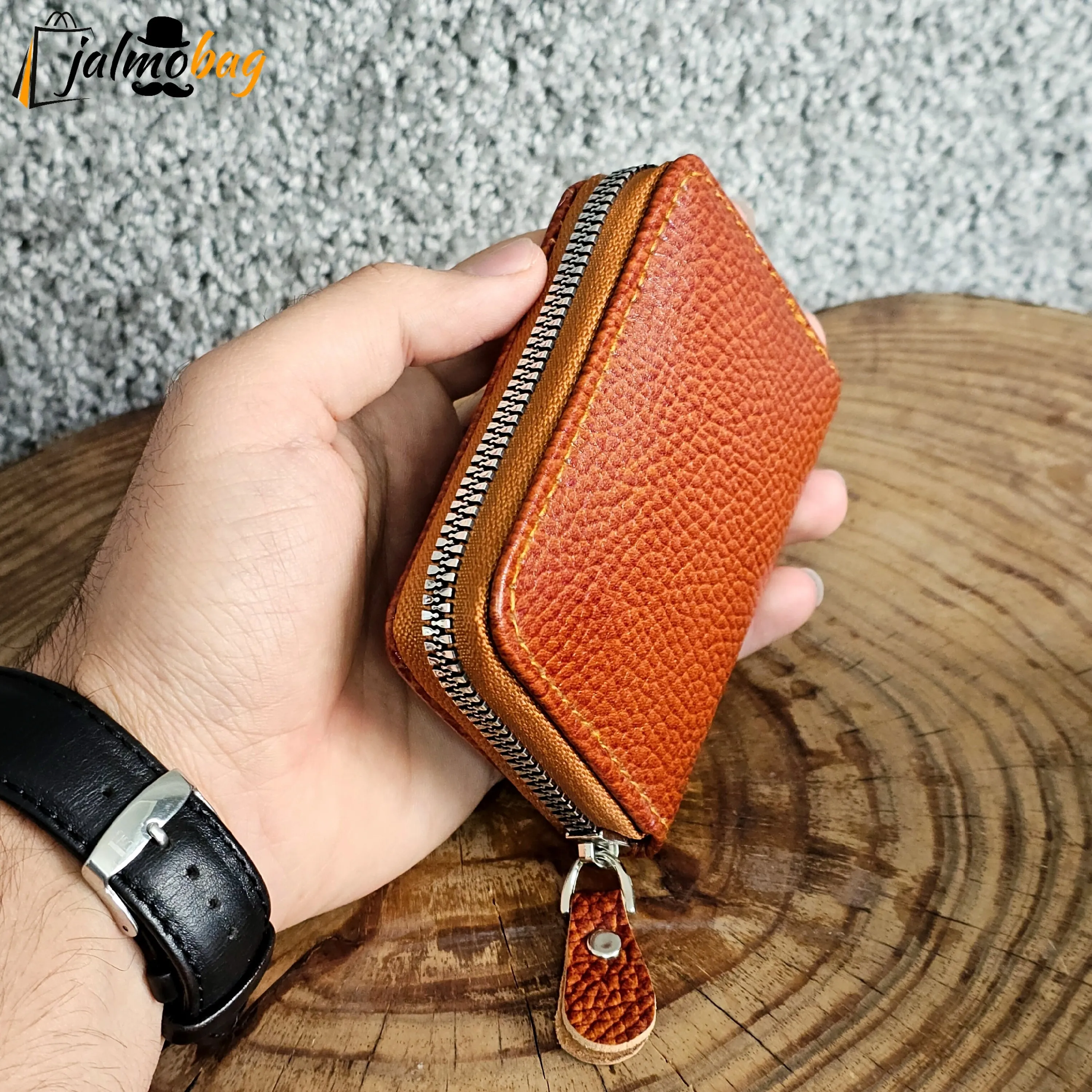 جاکارتی زیپدار چرم طبیعی گاوی مناسب آقایان و خانمها ابعاد 11 در 7 سانتیمتر