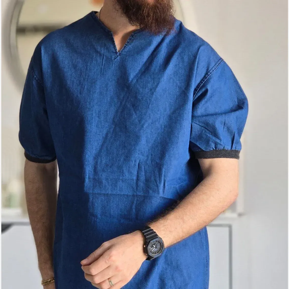 تیشرت لی مردانه یقه کوبایی آستین کش رنگ آبی و ذغالی سایز L XL XXL