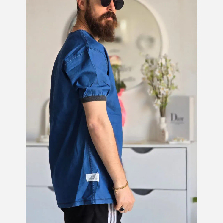 تیشرت لی مردانه یقه کوبایی آستین کش رنگ آبی و ذغالی سایز L XL XXL