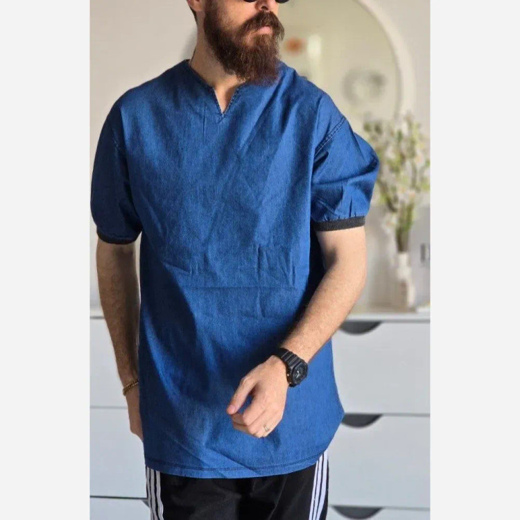 تیشرت لی مردانه یقه کوبایی آستین کش رنگ آبی و ذغالی سایز L XL XXL