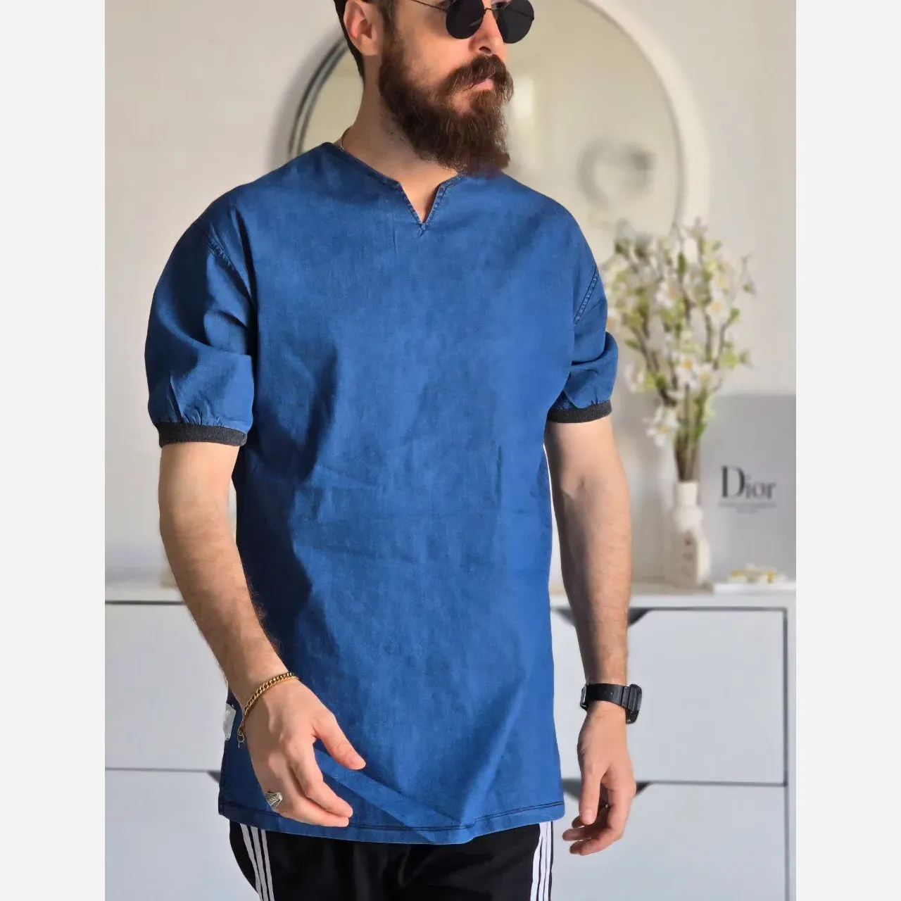 تیشرت لی مردانه یقه کوبایی آستین کش رنگ آبی و ذغالی سایز L XL XXL
