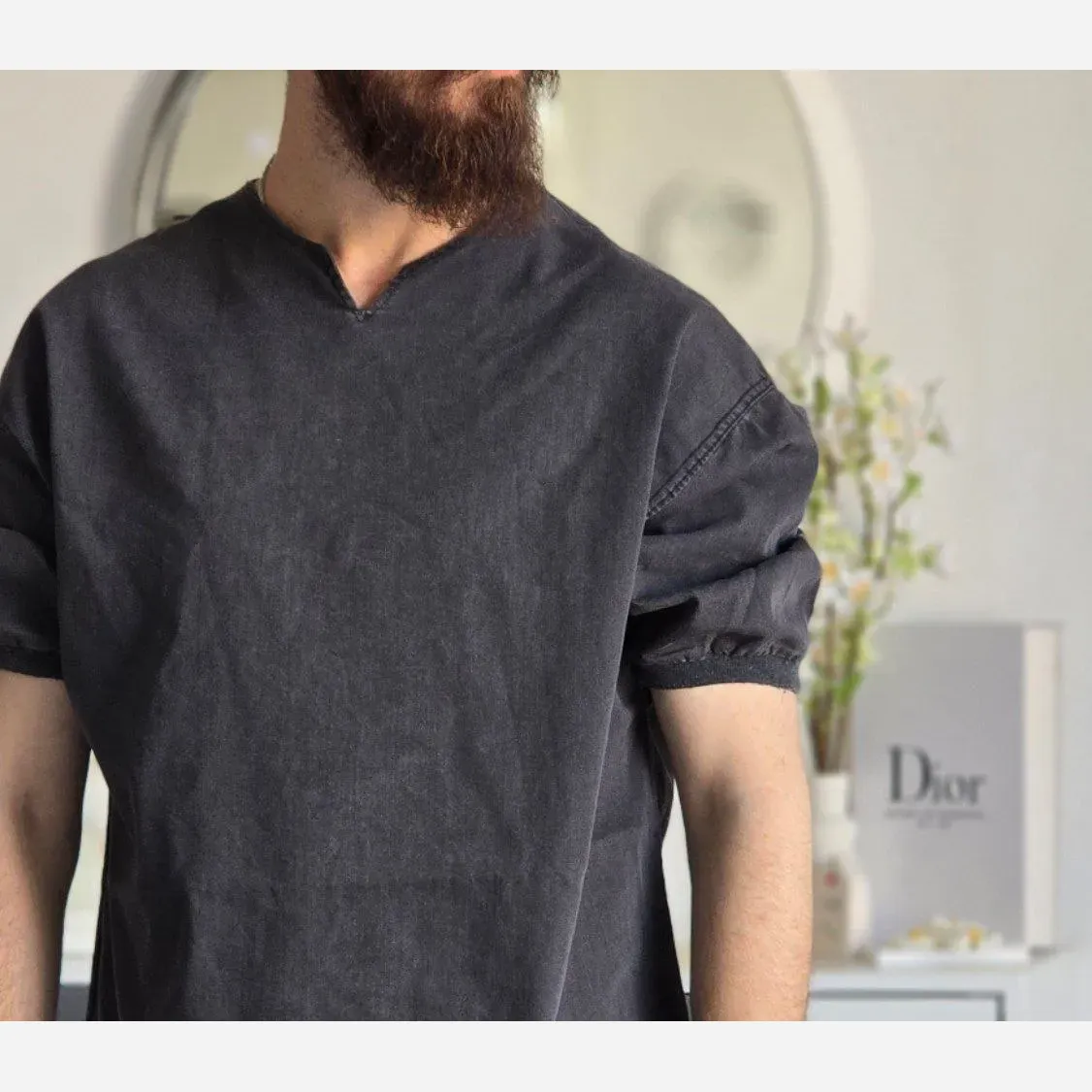 تیشرت لی مردانه یقه کوبایی آستین کش رنگ آبی و ذغالی سایز L XL XXL
