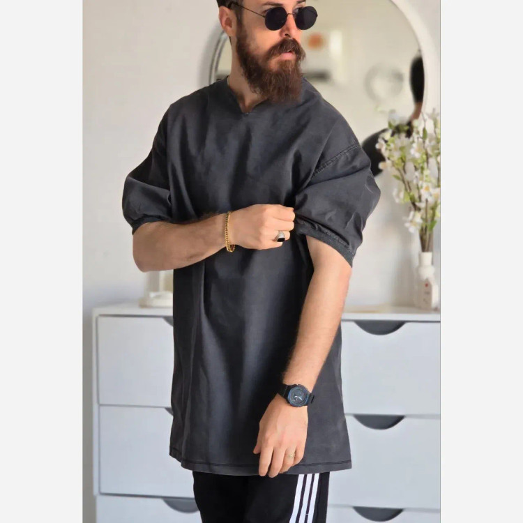 تیشرت لی مردانه یقه کوبایی آستین کش رنگ آبی و ذغالی سایز L XL XXL