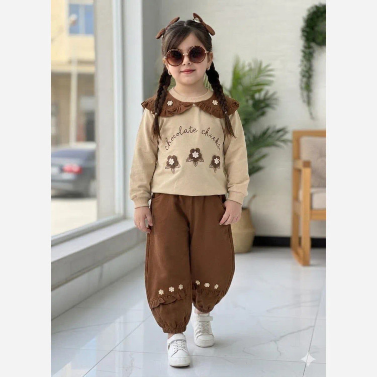 ست بلوز و شلوار دورس دو نخ فول لاکرا دخترانه مدل سه گل