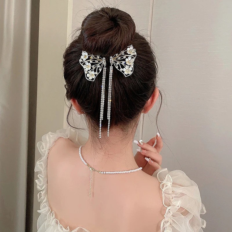 گیره مو زنانه مدل آبشاری گوجه ای طرح پاپیون آویزدار