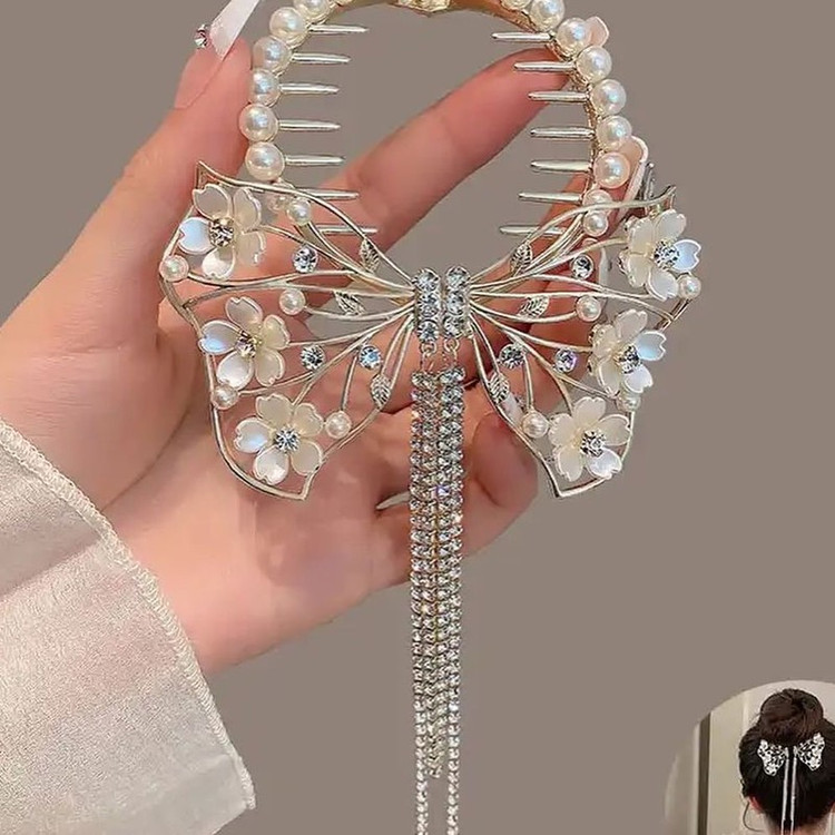 گیره مو زنانه مدل آبشاری گوجه ای طرح پاپیون آویزدار