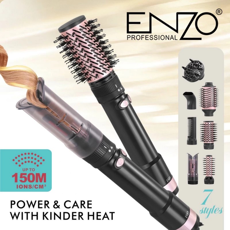 سشوار برسدار چرخشی انزو پروفیشینال مدل EN-760 7in1 با توان 1500 وات، موتور DC براشلس، تنظیمات دما و سرعت دو حالته، تک...