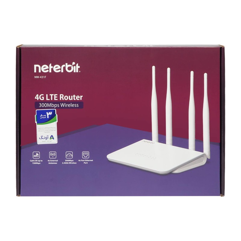 روتر بیسیم 4G نتربیت مدل NW-431F با سرعت 300 مگابیت بر ثانیه، پشتیبانی از شبکه LTE، رابط LAN RJ-45 و منبع تغذیه آداپتور