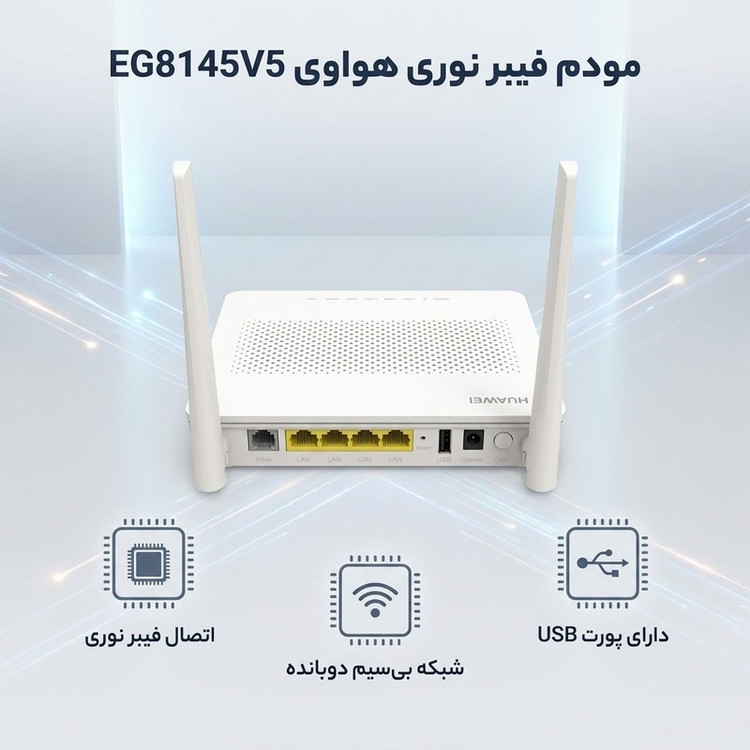 مودم فیبر نوری دوبانده مدل EG8145V5 با پشتیبانی از شبکه 4G، سرعت بیسیم تا 866 مگابیت، دو آنتن خارجی، قابلیت اتصال 10 ...