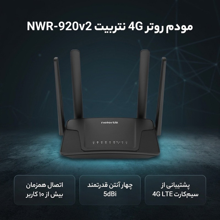 مودم روتر 4G خانگی نتربیت مدل NWR-M920v2 با پشتیبانی سیمکارت LTE/3G، استاندارد IEEE 802.11b/g/n، چهار آنتن 5 دسیبل، ف...