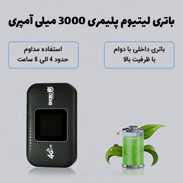 مودم 4G LTE قابل حمل اسفیورد مدل M750 با باتری 3000 میلیآمپرساعت، پشتیبانی از 10 کاربر همزمان، نمایشگر رنگی دیجیتال، ...