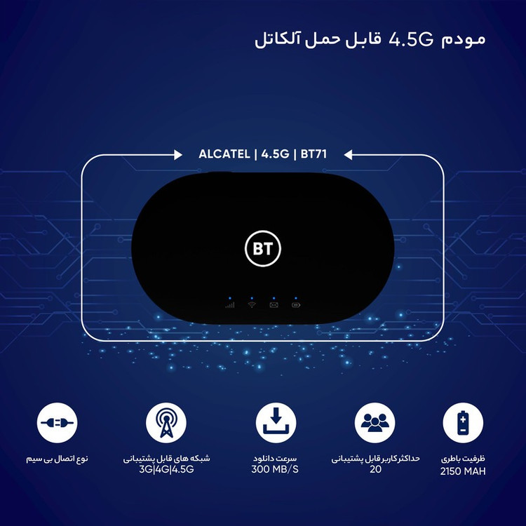 مودم 4.5G قابل حمل آلکاتل مدل BT71 با تکنولوژی Cat6 و Cat7، سرعت دانلود تا 300Mbps، پشتیبانی همزمان از 20 کاربر، وایف...