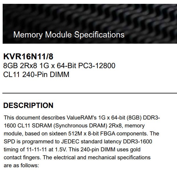 رم دسکتاپ DDR3 با ظرفیت 8 گیگابایت کینگستون مدل KVR16N11/8 PC3-12800، نوع ماژول DIMM، فرکانس 1600 مگاهرتز، تایمینگ CL...