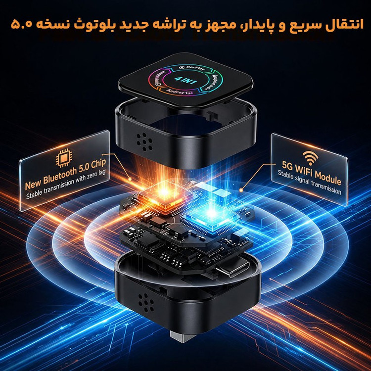 دانگل وایرلس کارپلی و اندروید اتو و میرور لینک و ایر پلی مدل 4in1 به همراه مبدل USB به USB-C