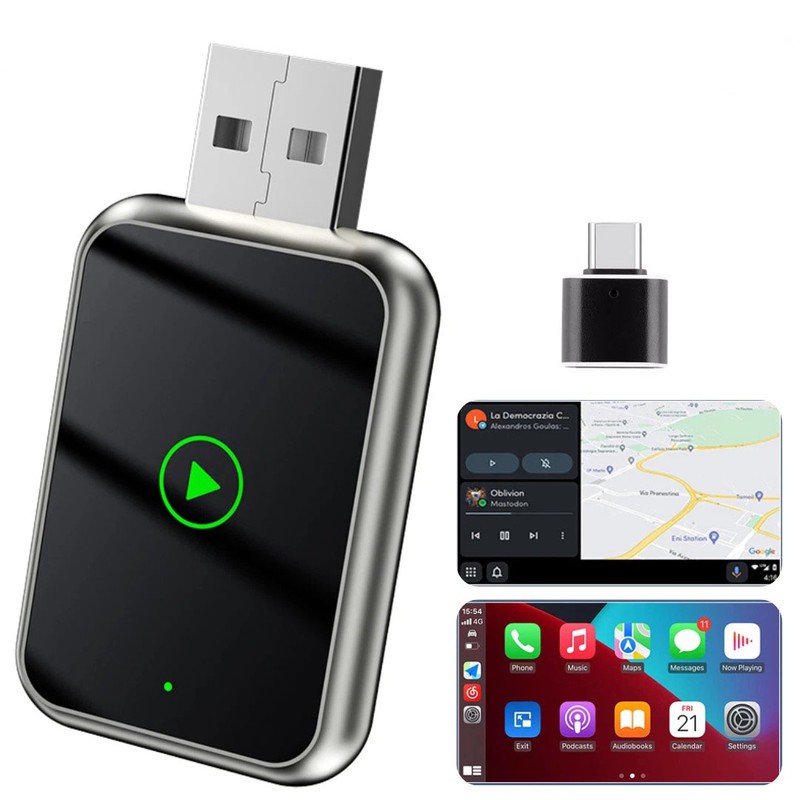 کارپلی و اندروید اتو مدل Wireless CarPlay/Android Auto Q1J به همراه مبدل USB به USB-C