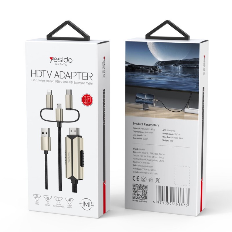 کابل تبدیل HDMI به لایتنینگ / microUSB/ USB-C یسیدو مدل HM14 طول 2 متر