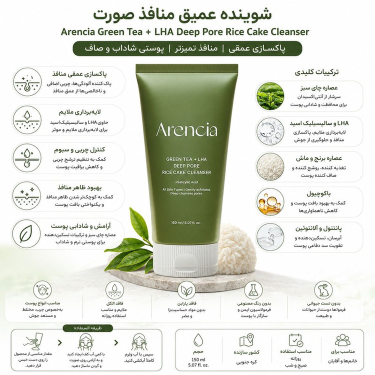 ژل پاککننده صورت آرنچیا مدل Green Tea + LHA Deep Pore Rice Cake حجم 150 میلیلیتر، با قدرت پاککنندگی مناسب روزانه و تن...