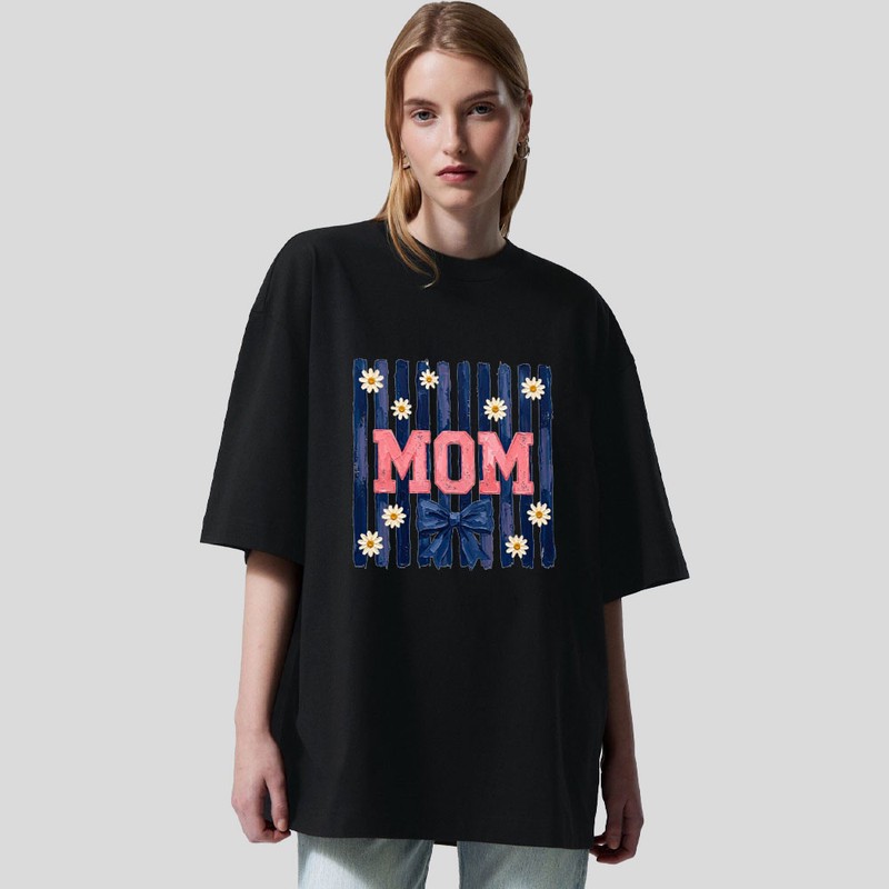تی شرت باکسی زنانه نخ آستین سه ربع طرح MOM مدل مادر