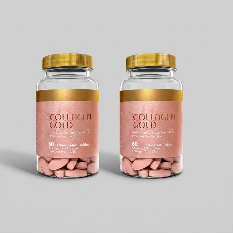 قرص کلاژن آدریان مدل Gold مجموعه 2 عددی 60 عددی، حاوی کلاژن هیدرولیز شده تایپ 1 و 3، بهبود سلامت پوست و مو، مصرف شبان...