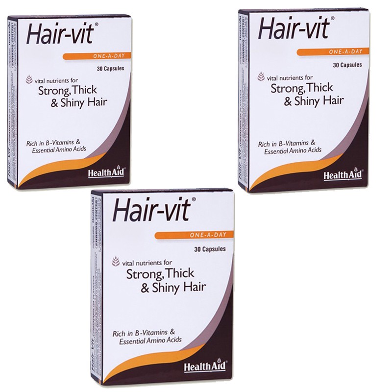 قرص تقویت مو هلث اید مدل Hair-vit بسته سهتایی 30 عددی، حاوی ویتامینهای گروه B و آمینواسیدهای ضروری برای استحکام، ضخام...