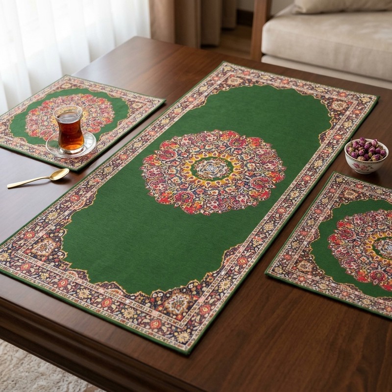 ست رومیزی سه تکه مستطیل مربع طرح ترمه کد 9920.19