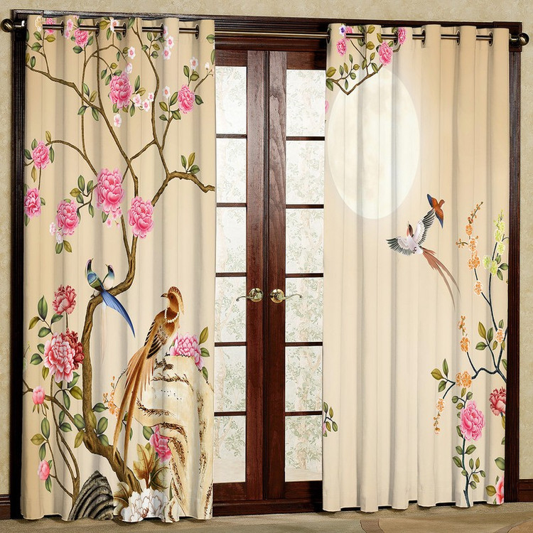 پرده مدل گل و پرنده مخمل پانچی کد 1147L سایز 140x280 سانتی متر