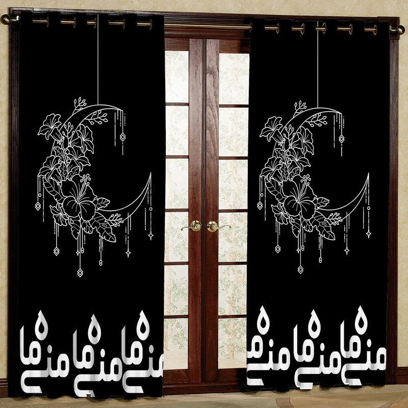 پرده مدل طرحدار نوشته ی ماه منی مشکی مخمل پانچی کد1820 سایز 200x140 سانتی متر